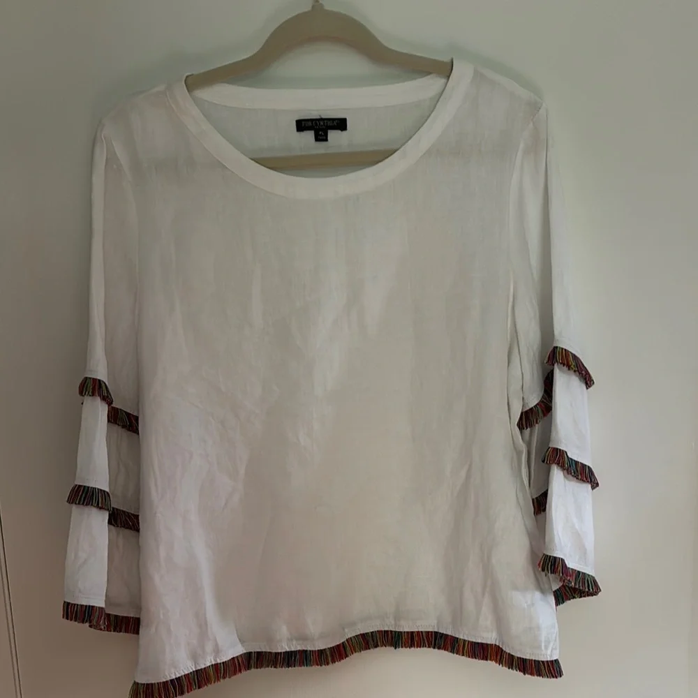 For Cynthia Linen Top Women’s Petite Large White Fringe Coastal Cottagecore - Picture 2 of 8